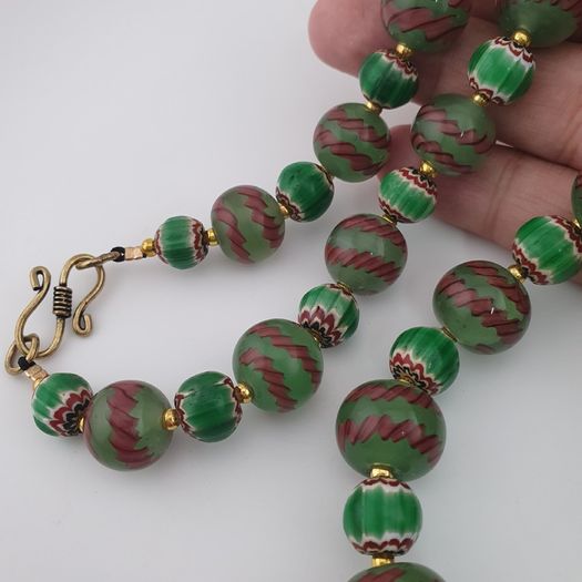 Antique Venetian Style Stripe & Chevron Glass Beads Necklace