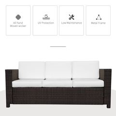 3 Seater Rattan Sofa, All-Weather Wicker Weave Metal Frame Chair with Fire Resistant Cushion, Brown