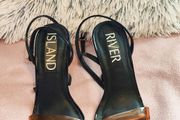 River Island Black Heels with Orange Strap &amp; Acrylic Flared Heel Size UK 6 / EU 39
