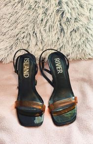 River Island Black Heels with Orange Strap & Acrylic Flared Heel Size UK 6 / EU 39