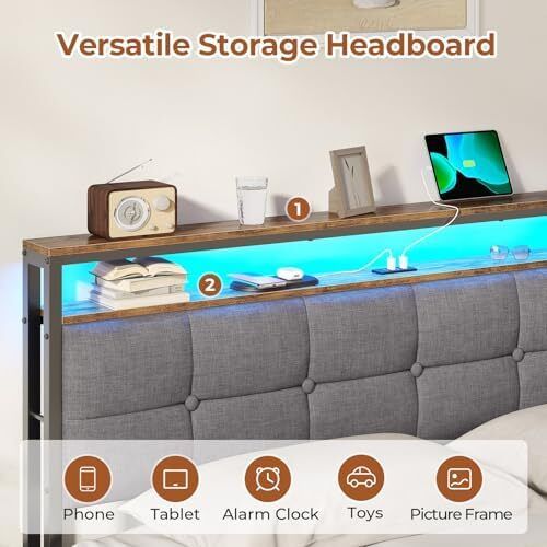 King Size Bed Frame with LED Lights & Charging Station Upholstered Storage Headboard/Under Bed Storage