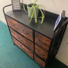 Black metal with fabric faux wood grain storage drawers