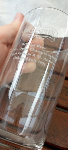 Gillespies malt stout pint glass,official beer to the open championship at royal Lytham & St. Anne's 18th to 21th ,1996,,buyer collects or pays postage, collectors item