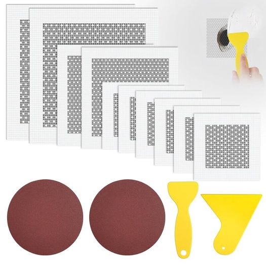 14PCS Wall Repair Patch, 2/4/6 inch Wall Repair Kit, Includes 10 Pcs Self Adhesive Walls Hole Filler Patchs with 2 Sandpaper, 2 Scraper for Fixing Walls & Ceilings