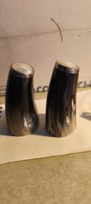 Set of 2 Buffalo Horn  Salt And Pepper Set topped with mother of pearl rimmed with sterling silver rim stamped.