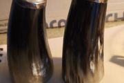 Set of 2 Buffalo Horn  Salt And Pepper Set topped with mother of pearl rimmed with sterling silver rim stamped.