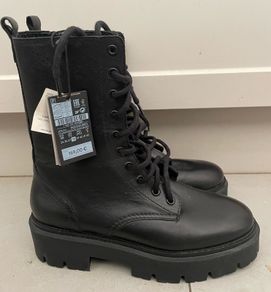 Women's high ankle boots Massimo Dutti Boots Chunky platform sole black leather size 5 Brand new
