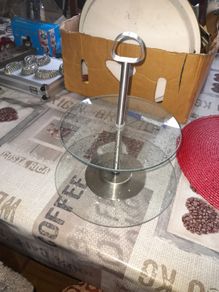 Two Tier Glass and Chrome Serving Stand, frequently used as a Muffin, Dessert or Cake Tower. postage available