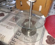 Two Tier Glass and Chrome Serving Stand, frequently used as a Muffin, Dessert or Cake Tower. postage available