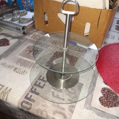 Two Tier Glass and Chrome Serving Stand, frequently used as a Muffin, Dessert or Cake Tower. postage available
