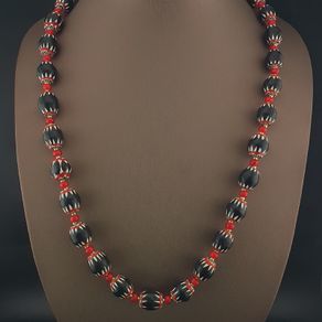 Antique Venetian Style Black Chevrons & Venetian WhiteHeart Beads Necklace