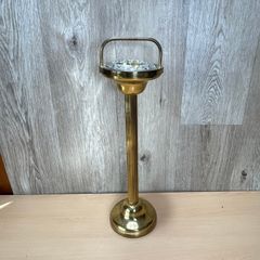 Vintage Brass Floor Standing Ashtray with Glass - Mid Century - Pedestal