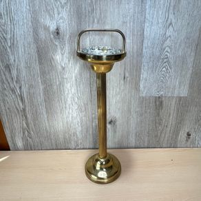 Vintage Brass Floor Standing Ashtray with Glass - Mid Century - Pedestal