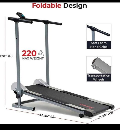 Manual Compact foldable treadmill with transportation wheels for easy portability.   Folded dimension: 20Lx23Wx50h in.