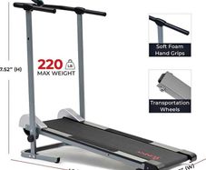 Manual Compact foldable treadmill with transportation wheels for easy portability.   Folded dimension: 20Lx23Wx50h in.