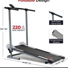 Manual Compact foldable treadmill with transportation wheels for easy portability.   Folded dimension: 20Lx23Wx50h in.