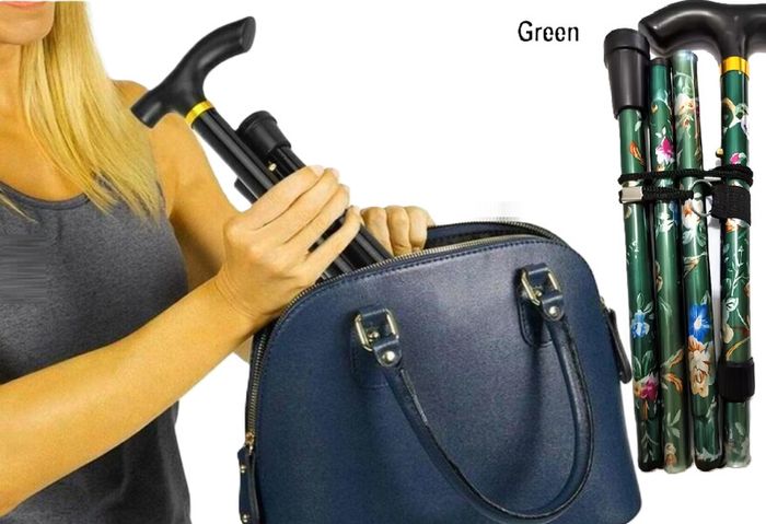 Folding Walking Stick, Green Floral.