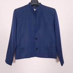 Genny Vintage Navy Blue Black Checked Mandarin Collar Short Jacket 8UK/36EU