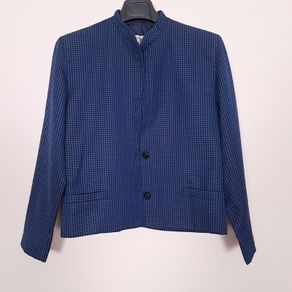 Genny Vintage Navy Blue Black Checked Mandarin Collar Short Jacket 8UK/36EU