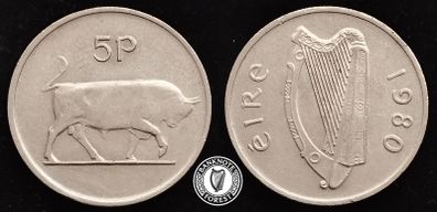 [#2588] - Ireland 1980 | Irish 5p | Five Pence | Bull | KM.22