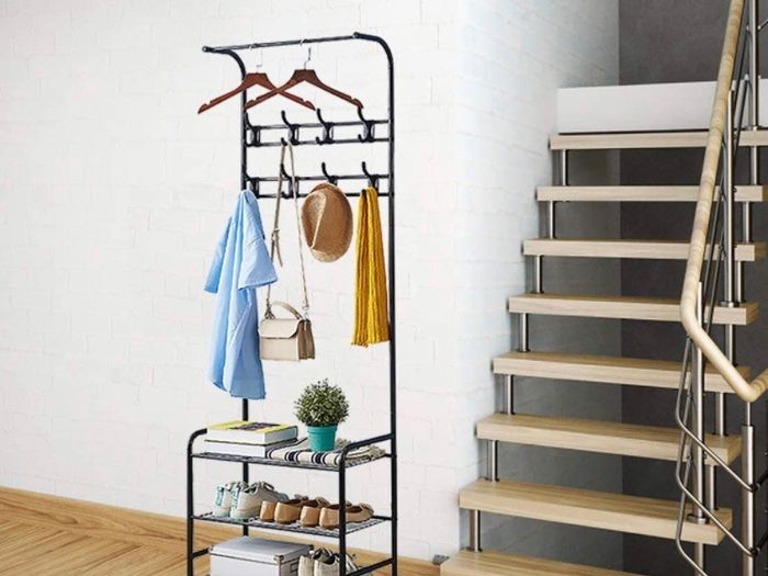 Coat Rack Shoe Bench with 16 Hooks, Metal Coat Hat Rack Free Standing Clothes Stand with 3-Tier Shoe Rack Bench, Hat Umbrella Stand Hallway Organiser, 3-in-1 Hall Tree with Metal Frame