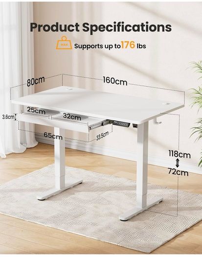 Electric Standing Desk 160 x 80 cm, Height Adjustable Desk, Sit Stand Table