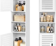 Tall Bathroom Storage Cabinet, Floor Free Standing Display Cabinet, Slim Storage Furniture Organizer Unit for Office Living Room Kitchen Entryway Toilet Paper, White