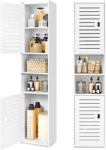 Tall Bathroom Storage Cabinet, Floor Free Standing Display Cabinet, Slim Storage Furniture Organizer Unit for Office Living Room Kitchen Entryway Toilet Paper, White