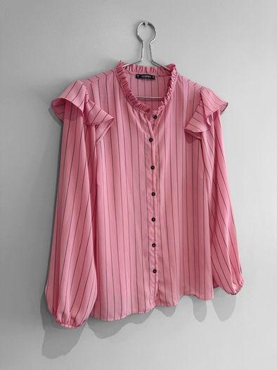 Pre Owned Dunnes Stores Pink Striped Ruffle Blouse