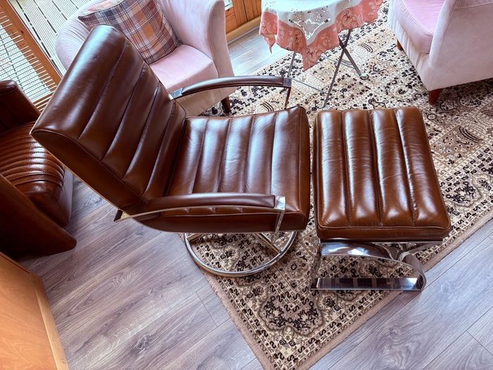 French Leather Swivel Arm Chair & Matching Foot Stool