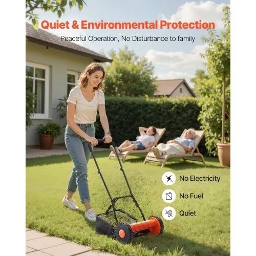 Push Reel Lawn Mower 35 cm, 5 Blades Manual Push Mower No Motor, 15-45 mm Adjustable Cutting Height, Walk-Behind Lawn Mowers with Grass