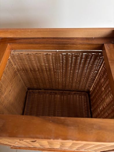 Pair of oak style storage units with 5 wicker drawers