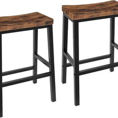 Bar Stools Set of 2, Tall Industrial Kitchen Breakfast Stools with Footrests, Bar Chairs with Saddle Seat for Kitchen, Counter, Easy Assembly, Rustic Brown and Black