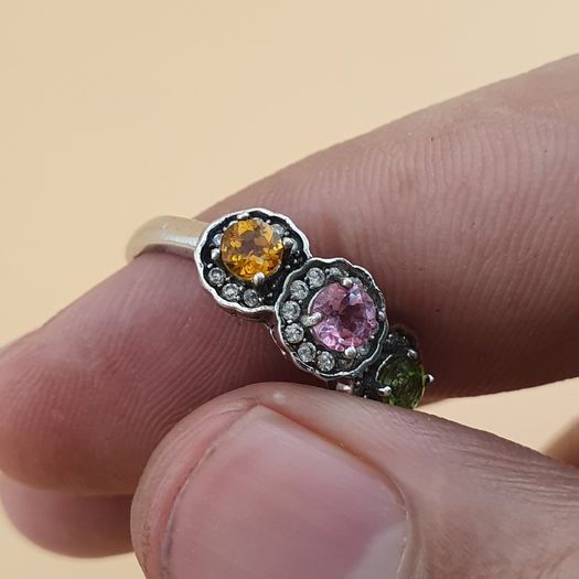 Vintage 925 Sterling Silver Multi-Stone Tourmaline Adjustable Ring