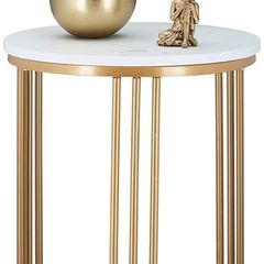 Side Table, Round, Marble Optic, H x W x D: 51 x 41 x 41 cm, White/Gold