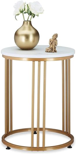 Side Table, Round, Marble Optic, H x W x D: 51 x 41 x 41 cm, White/Gold