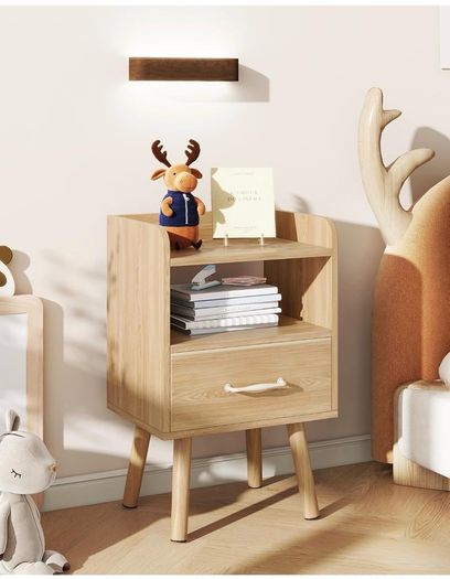 Bedside Table Set of 2, Nightstand, Side Table, Wooden Sofa End Table with Fabric Drawer, Open Shelf, Solid Wood Legs, 39x29x63 cm, for Bedroom, Living Room, Natural