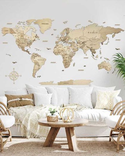 3D Classic Wooden World Map with Country Borders Country Names Capital Names US and Canada Borders and Names 3D Map Effect