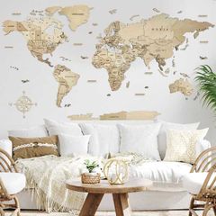 3D Classic Wooden World Map with Country Borders Country Names Capital Names US and Canada Borders and Names 3D Map Effect