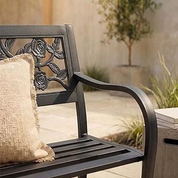 Steel Garden Bench, Rose Design 3 Seater Outdoor Furniture Seating Park Patio Seat