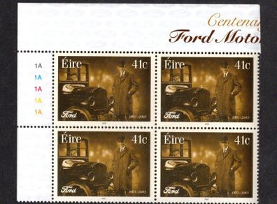 2003 Ireland Centenary of Ford Motor Company Commemorative Stamp Plate Block 1A1A1A1A Mint Never Hinged (MNH)
