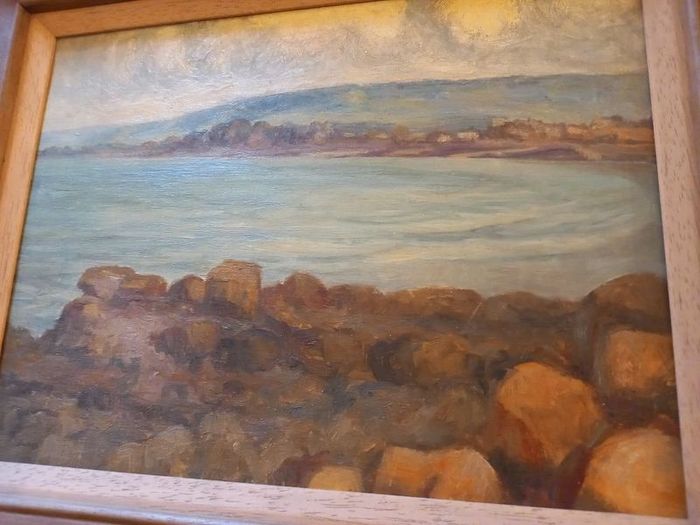 Coastal scene, original on board, Paris stamp.