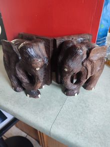 SET OF 2 Large Carved Vintage  Elephant BOOKENDS.