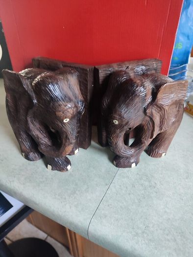 SET OF 2 Large Carved Vintage  Elephant BOOKENDS.