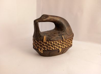Small hand carved wooden  ebony duck and woven rattan tribal trinket/jewellery box  Figurine Statue figurine  Hand sculpted african statues Decor great gift present display