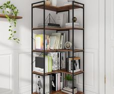 5 Tiers Corner Bookshelf 5 Tiers Deformable Corner Bookcases Industrial Freestanding Bookshelf Storage Display Rack with Metal Frame