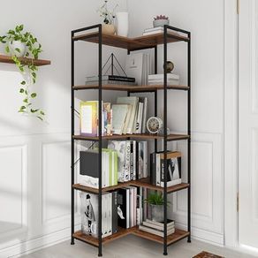 5 Tiers Corner Bookshelf 5 Tiers Deformable Corner Bookcases Industrial Freestanding Bookshelf Storage Display Rack with Metal Frame