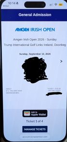 Irish Open Golf - Sunday Tickets x4