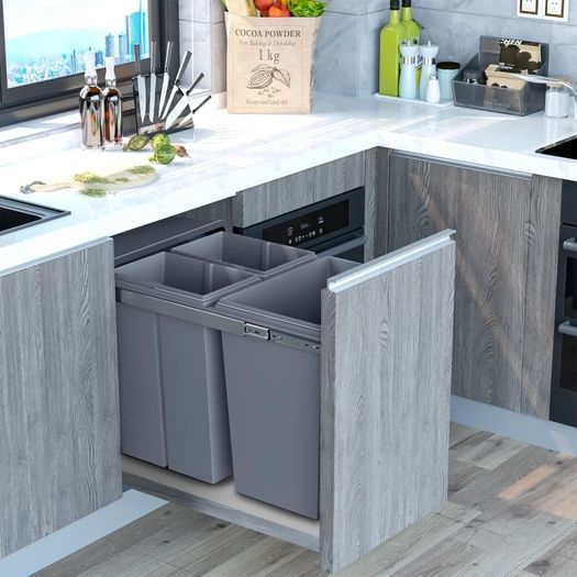 40L Pull Out Kitchen Recycle Waste Bin with Soft Close Dustbin Recycling Cabinet Trash Can Grey (1x20L+2x10L))