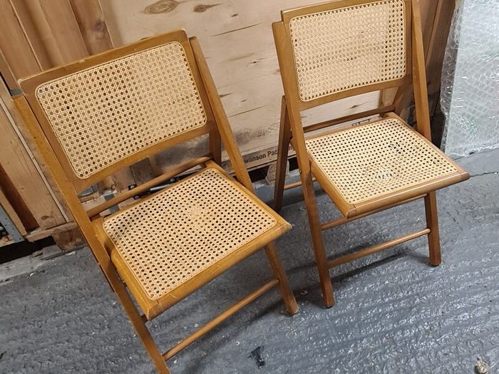 Pair of Vintage Wooden Folding Chairs with Cane Rattan